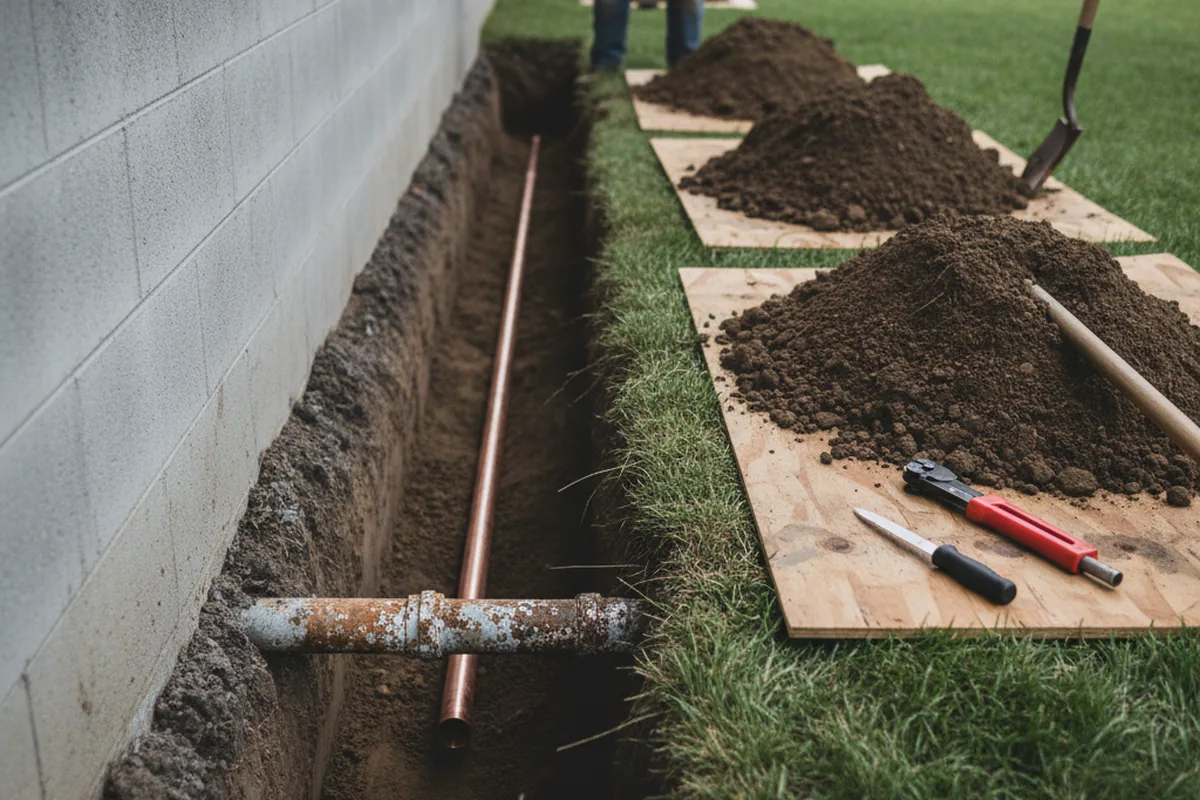 Excavated water line trench during Sewer Line Repair in Closter